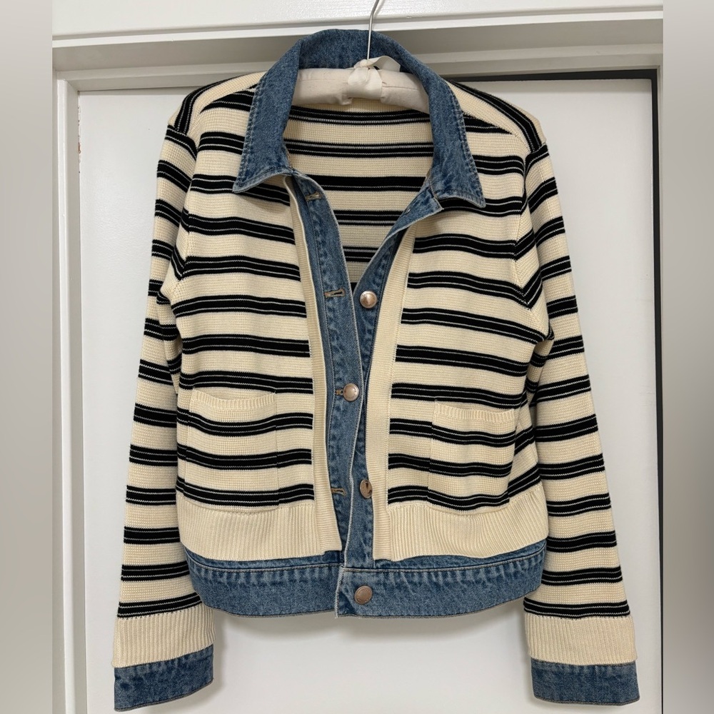 Democracy Nordstrom striped mixed denim sweater jean jacket 12-14 Large